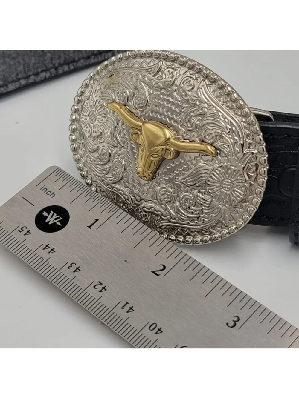 VTG Western Cowboy  Youth 3D Genuine Leather Black Belt With Silver & Gold Longh